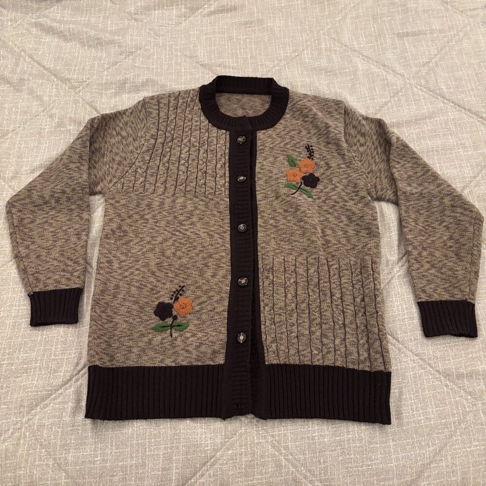 Womens Brown Beige Cable Knit Embroidered Floral Button Cardigan Sweater